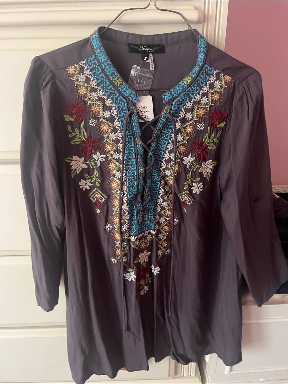 Andree Embroidered Dark Gray blouse with Blue Trim S NWT